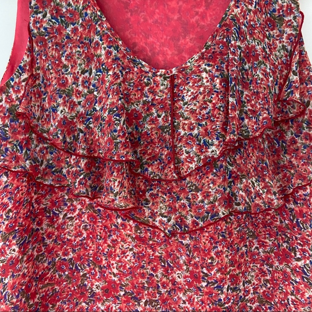 CLEO BRIGHT FLOWY FLORAL SLEEVELESS TOP/BLOUSE WITH FRONT RUFFLE, SMALL - Picture 4 of 7